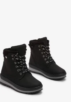 Czarne Sznurowane Traperki z Ekoskóry z Futerkiem i Ozdobną Wstawką Pisanara