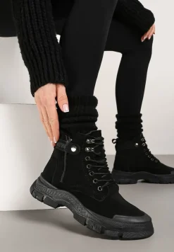 Czarne Sznurowane Traperki z Ekozamszu z Suwakiem i Paskiem z Napisami Dikofena