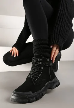 Czarne Sznurowane Traperki z Ekozamszu z Suwakiem i Paskiem z Napisami Dikofena