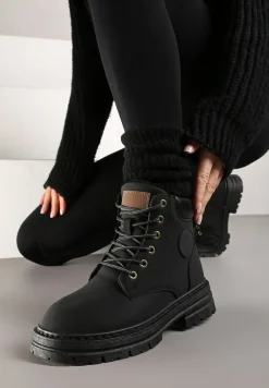 Czarne Sznurowane Traperki na Grubej Podeszwie Veluxa