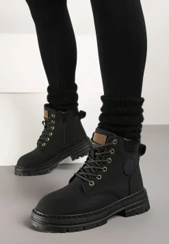 Czarne Sznurowane Traperki na Grubej Podeszwie Veluxa