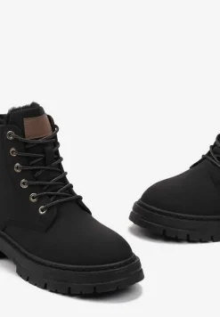 Czarne Sznurowane Traperki na Grubej Podeszwie Veluxa