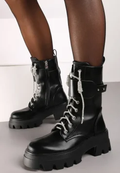 Czarne Sznurowane Traperki na Platformie Zdobione Brokatem Opleja