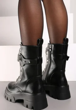 Czarne Sznurowane Traperki na Platformie Zdobione Brokatem Opleja