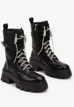 Czarne Sznurowane Traperki na Platformie Zdobione Brokatem Opleja