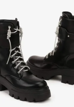Czarne Sznurowane Traperki na Platformie Zdobione Brokatem Opleja