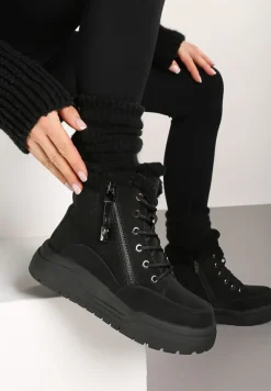 Czarne Sznurowane Trapery z Ekozamszu Ocieplane na Płaskiej Podeszwie Ozdobione Suwakiem Esaviren