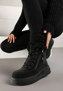 Czarne Sznurowane Trapery z Ekozamszu Ocieplane na Płaskiej Podeszwie Ozdobione Suwakiem Esaviren