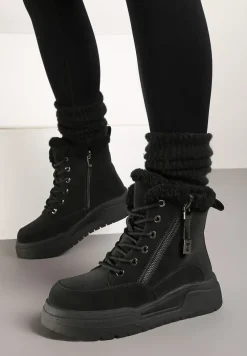 Czarne Sznurowane Trapery z Ekozamszu Ocieplane na Płaskiej Podeszwie Ozdobione Suwakiem Esaviren