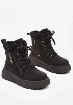 Czarne Sznurowane Trapery z Ekozamszu Ocieplane na Płaskiej Podeszwie Ozdobione Suwakiem Esaviren