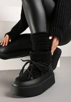 Czarne Sznurowanie Śniegowce na Platformie Ozdobione Futerkiem w Stylu Baranka Miaviera