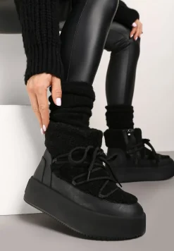 Czarne Sznurowanie Śniegowce na Platformie Ozdobione Futerkiem w Stylu Baranka Miaviera