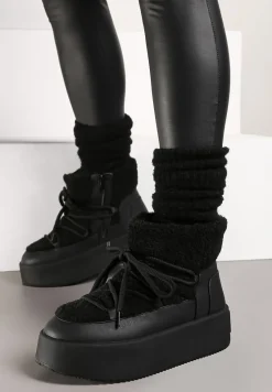 Czarne Sznurowanie Śniegowce na Platformie Ozdobione Futerkiem w Stylu Baranka Miaviera