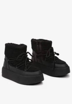 Czarne Sznurowanie Śniegowce na Platformie Ozdobione Futerkiem w Stylu Baranka Miaviera