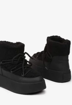 Czarne Sznurowanie Śniegowce na Platformie Ozdobione Futerkiem w Stylu Baranka Miaviera