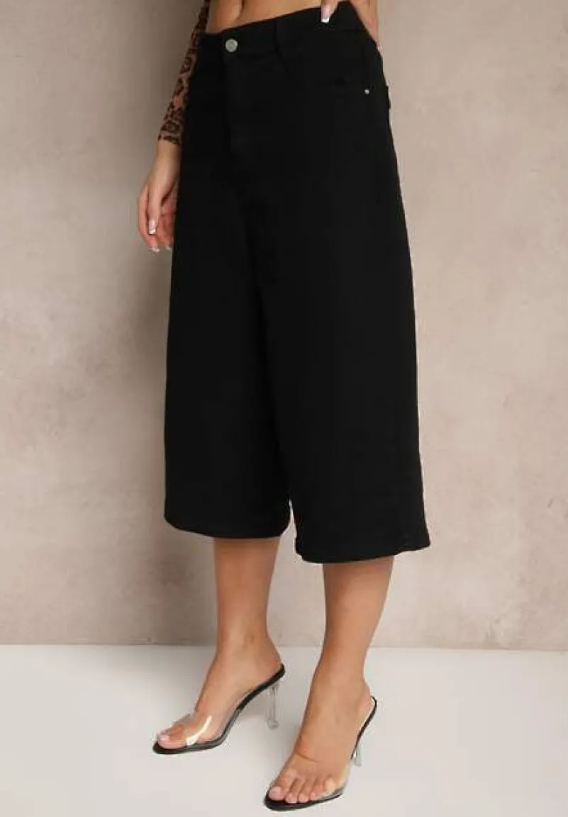 Czarne Szorty Jeansowe High Waist Typu Bermudy Baggy Sonallea