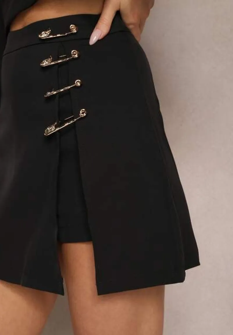 Czarne Szorty Spódnicospodnie z Agrafkami Fintta