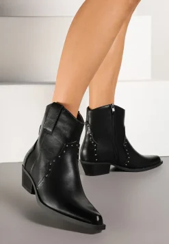 Czarne Szpiczaste Botki w Stylu Kowbojskim z Nitami Mevanta