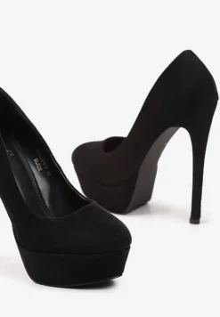Czarne Szpilki na Bardzo Wysokim Obcasie z Platformą z Ekozamszu Bloxetta