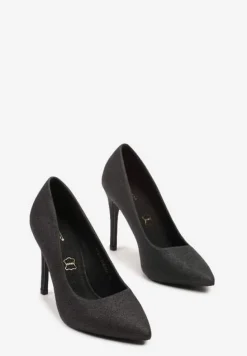 Czarne Szpilki na Obcasie Vices z Wkładką ze Skóry Naturalnej Zdobione Brokatem Resirya