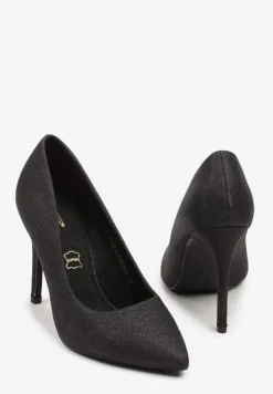 Czarne Szpilki na Obcasie Vices z Wkładką ze Skóry Naturalnej Zdobione Brokatem Resirya