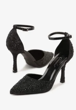 Czarne Szpilki Ozdobione Brokatem i Cyrkoniami Zapinane Wokół Kostki Kelnena