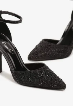 Czarne Szpilki Ozdobione Brokatem i Cyrkoniami Zapinane Wokół Kostki Kelnena