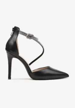 Czarne Szpilki Ozdobione Paskiem z Cyrkonii i Suwakiem Quenevia