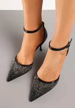 Czarne Szpilki Vices z Wkładką ze Skóry Naturalnej Ozdobione Cyrkoniami Lizzoa