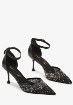 Czarne Szpilki Vices z Wkładką ze Skóry Naturalnej Ozdobione Cyrkoniami Lizzoa