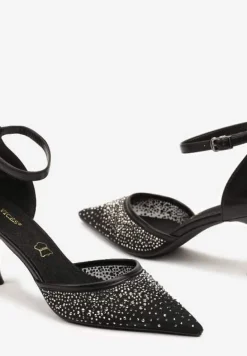 Czarne Szpilki Vices z Wkładką ze Skóry Naturalnej Ozdobione Cyrkoniami Lizzoa