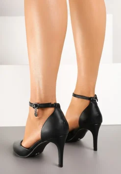 Czarne Szpilki Vices z Wkładką ze Skóry Naturalnej i Ozdobnym Paskiem Korori