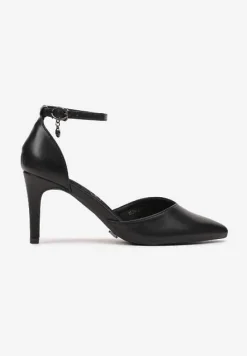 Czarne Szpilki Vices z Wkładką ze Skóry Naturalnej i Ozdobnym Paskiem Korori