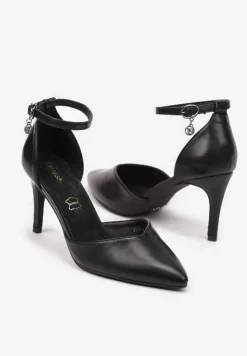 Czarne Szpilki Vices z Wkładką ze Skóry Naturalnej i Ozdobnym Paskiem Korori