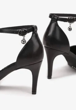 Czarne Szpilki Vices z Wkładką ze Skóry Naturalnej i Ozdobnym Paskiem Korori