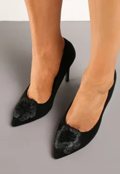 Czarne Szpilki Vices z Wkładką ze Skóry Naturalnej i Kwiatową Aplikacją z Cyrkoniami Retania