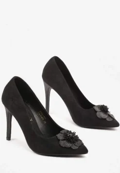 Czarne Szpilki Vices z Wkładką ze Skóry Naturalnej i Kwiatową Aplikacją z Cyrkoniami Retania