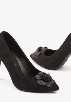 Czarne Szpilki Vices z Wkładką ze Skóry Naturalnej i Kwiatową Aplikacją z Cyrkoniami Retania