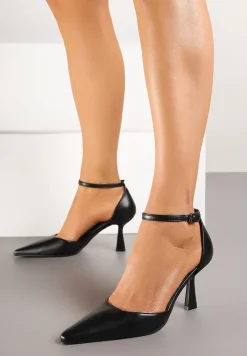 Czarne Szpilki Vices z Wkładką ze Skóry Naturalnej i Paskiem przy Kostce Nolfedi