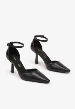 Czarne Szpilki Vices z Wkładką ze Skóry Naturalnej i Paskiem przy Kostce Nolfedi