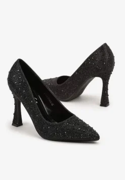 Czarne Szpilki w Klasycznym Stylu Ozdobione Cyrkoniami Brokatem Rivashea