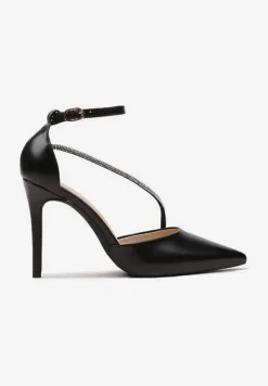 Czarne Szpilki z Cyrkoniami na Pasku i Zapięciem przy Kostce Zefiria