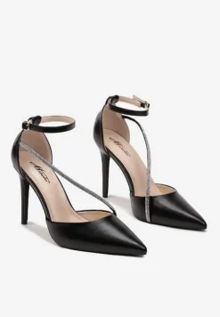 Czarne Szpilki z Cyrkoniami na Pasku i Zapięciem przy Kostce Zefiria