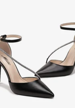 Czarne Szpilki z Cyrkoniami na Pasku i Zapięciem przy Kostce Zefiria