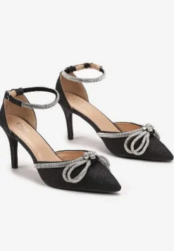 Czarne Szpilki z Ekoskóry na Szpilce Ozdobione Kokardą i Cyrkoniami Dovanda