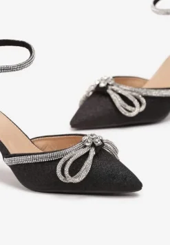 Czarne Szpilki z Ekoskóry na Szpilce Ozdobione Kokardą i Cyrkoniami Dovanda