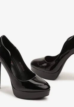 Czarne Szpilki z Lakierowaną Asymetryczną Cholewką i Platformą Acilana