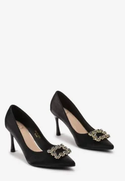 Czarne Szpilki z Metalicznym Połyskiem i Klamrą z Kryształkami Luneve