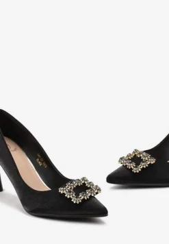 Czarne Szpilki z Metalicznym Połyskiem i Klamrą z Kryształkami Luneve