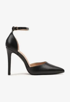 Czarne Szpilki z Noskiem w Szpic i Paskiem przy Kostce Elarimea